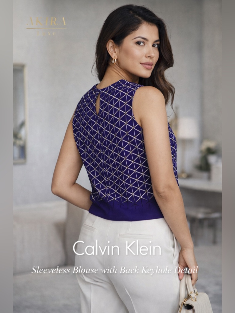 Geometric Print Sleeveless Keyhole Blouse Purple White Top